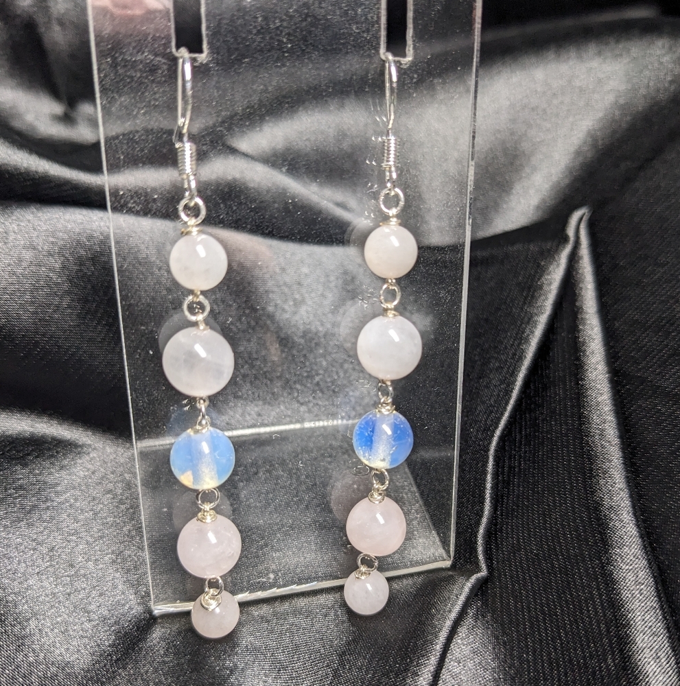 ROSE QUARTZ & MOONSTONE Earrings Dangle Long Handmade Crystal Beads Pink Cute - Picture 5 of 11